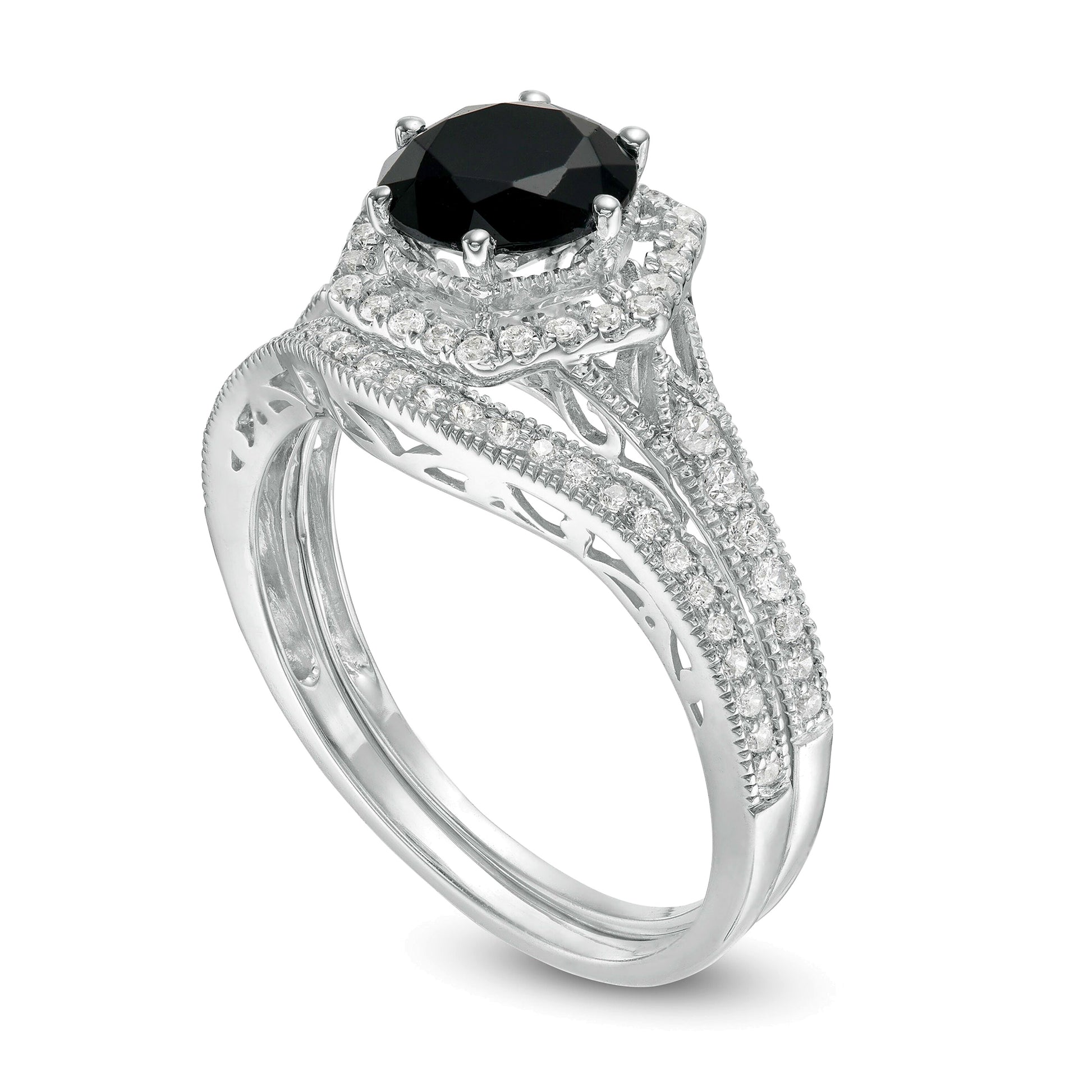 7.0mm Lab-Created Black Sapphire and 0.38 CT. TW Diamond Hexagonal Frame Vintage-Style Bridal Set in 10K White Gold
