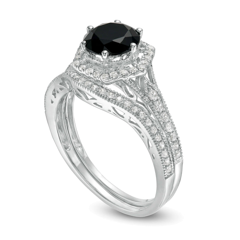 7.0mm Lab-Created Black Sapphire and 0.38 CT. TW Diamond Hexagonal Frame Vintage-Style Bridal Set in 10K White Gold