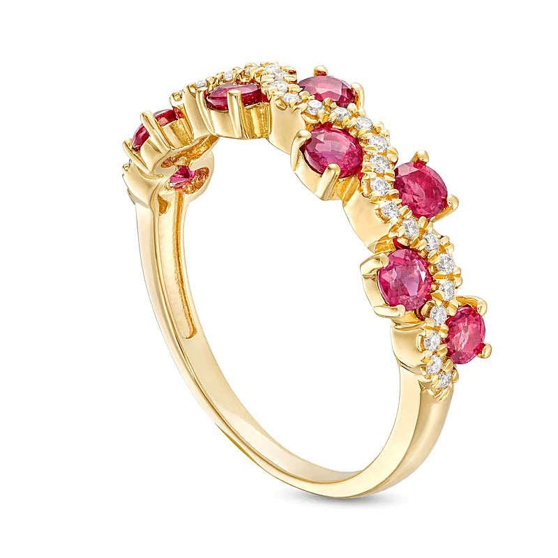 3.0mm Ruby and 0.17 CT. TW Diamond Staggered Wave Band in 14K Gold