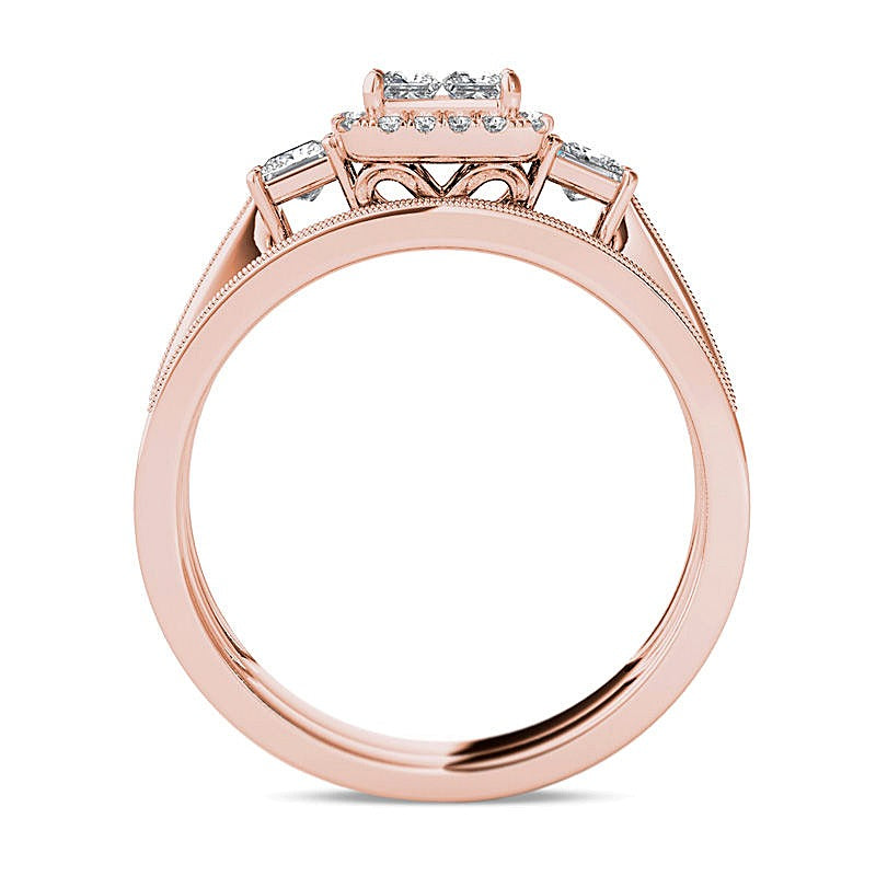 1.0 CT. TW Quad Princess-Cut Diamond Three Stone Frame Vintage-Style Bridal Set in 14K Rose Gold