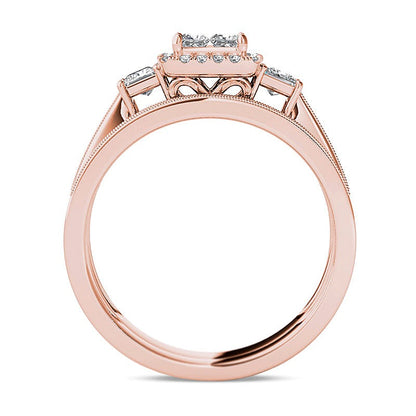 1.0 CT. TW Quad Princess-Cut Diamond Three Stone Frame Vintage-Style Bridal Set in 14K Rose Gold
