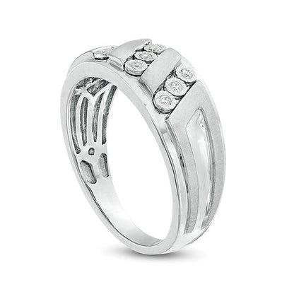 0.1 CT. TW Diamond Triple Row Slant Multi-Finish Ring in Sterling Silver