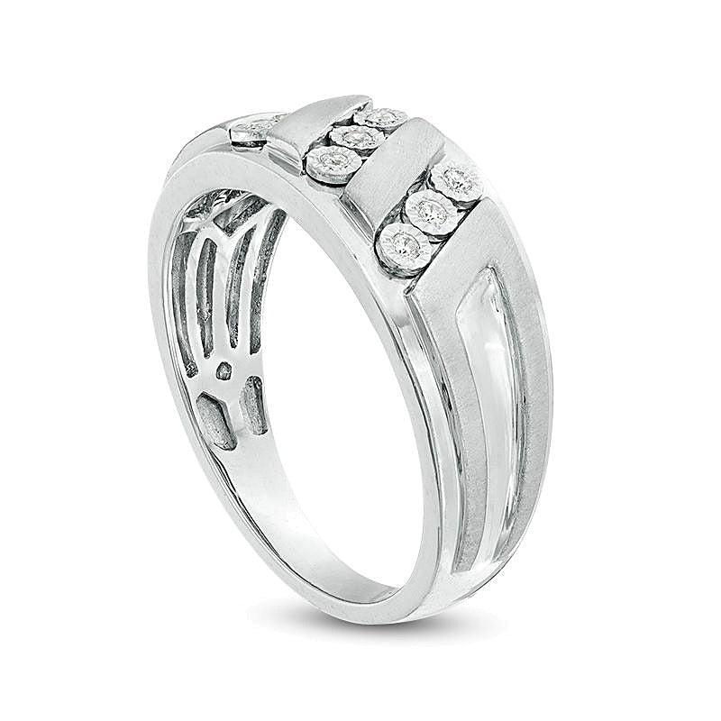 0.1 CT. TW Diamond Triple Row Slant Multi-Finish Ring in Sterling Silver