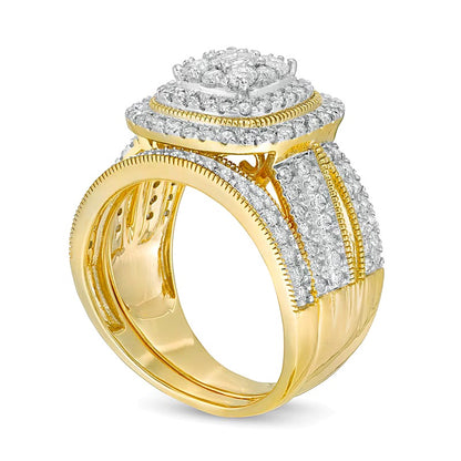 1.33 CT. TW Multi-Diamond Cushion Frame Vintage-Style Bridal Set in 10K Gold
