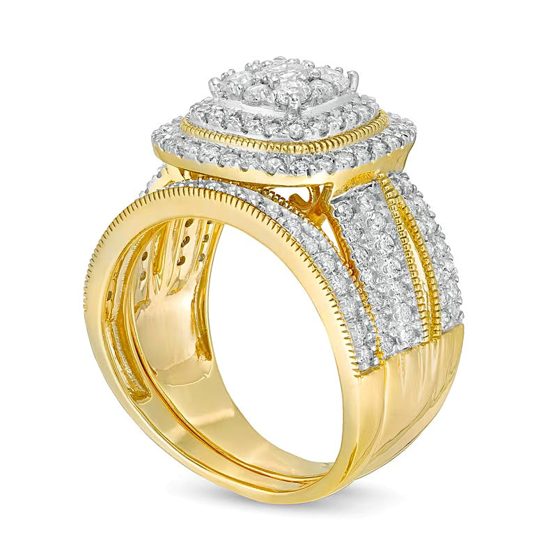 1.33 CT. TW Multi-Diamond Cushion Frame Vintage-Style Bridal Set in 10K Gold