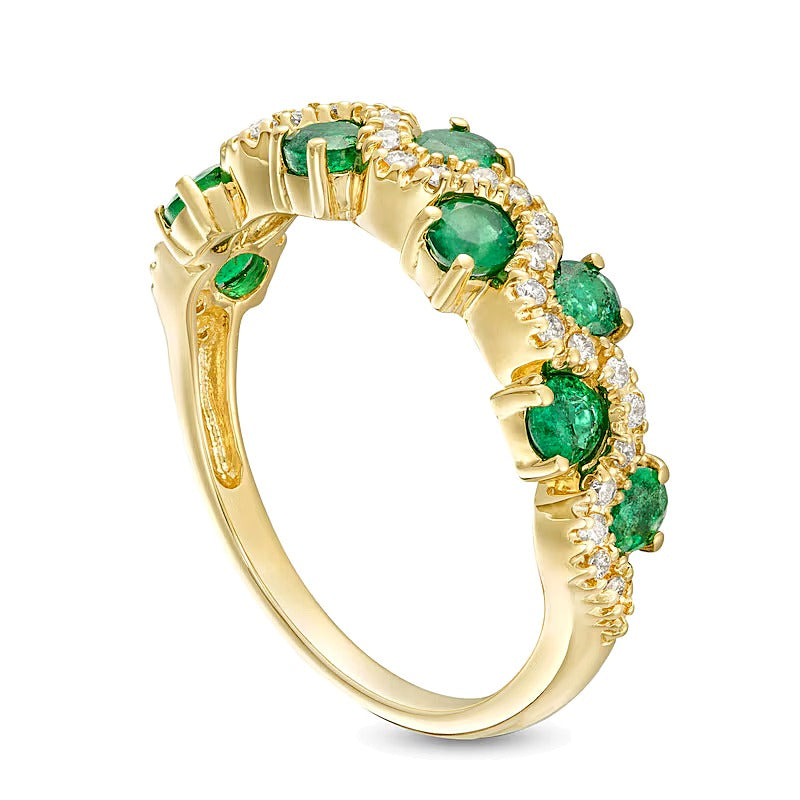 3.0mm Emerald and 0.17 CT. TW Diamond Staggered Wave Band in 14K Gold