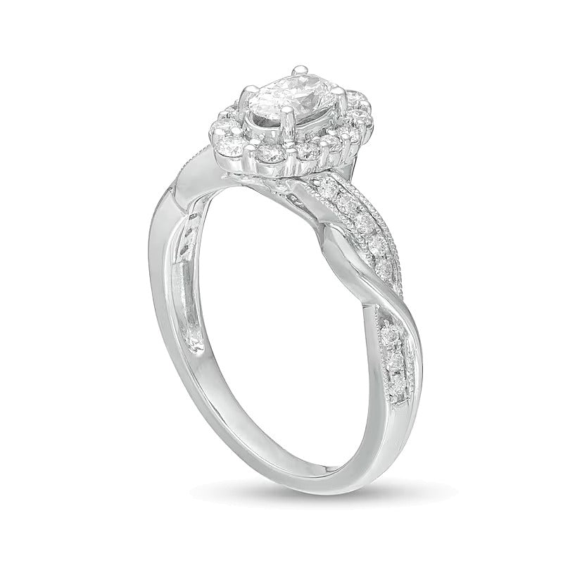 0.75 CT. TW Oval Diamond Frame Twist Shank Vintage-Style Engagement Ring in 10K White Gold