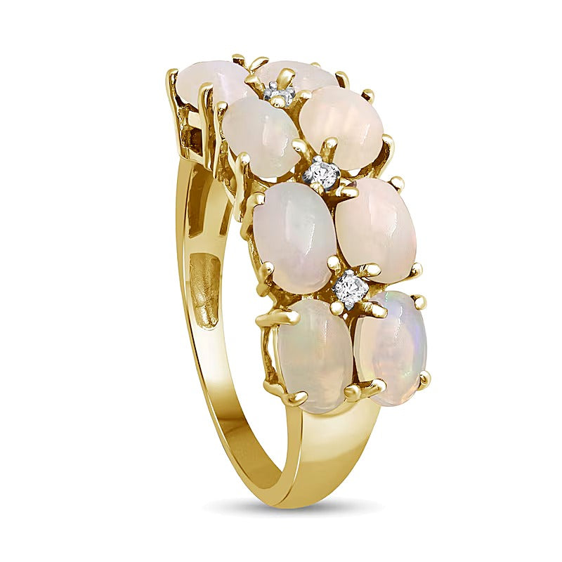 Oval Opal and White Lab-Created Zircon Double Row Eight Stone Ring in Sterling Silver with 14K Gold Plate