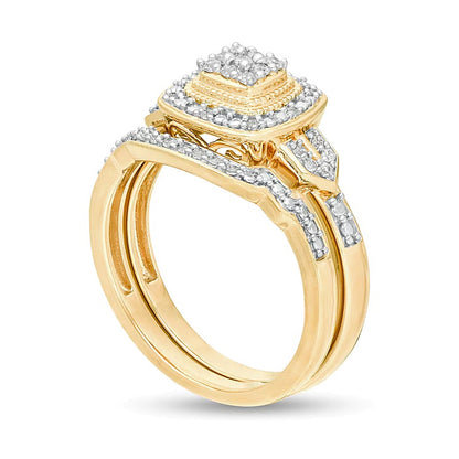 0.2 CT. TW Composite Diamond Cushion Frame Vintage-Style Bridal Set in Sterling Silver with 14K Gold Plate