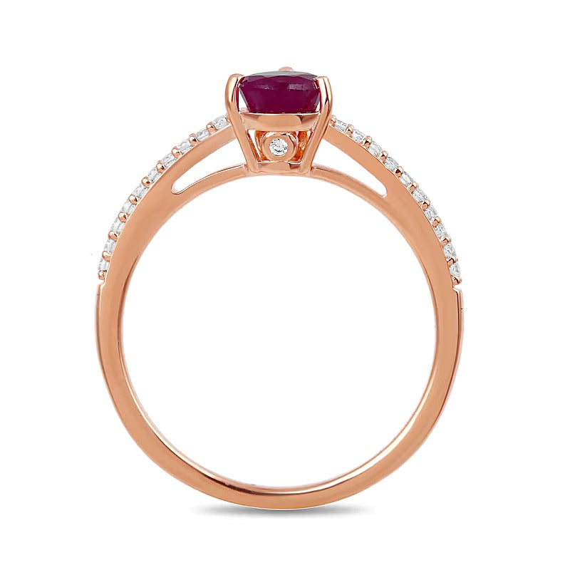 Pear-Shaped Ruby and 0.33 CT. TW Diamond Three-Piece Wedding Ring Set in 10K Rose Gold
