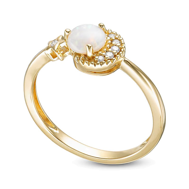 5.0mm Opal and Diamond Accent Crescent Moon and Star Ring in 10K Gold