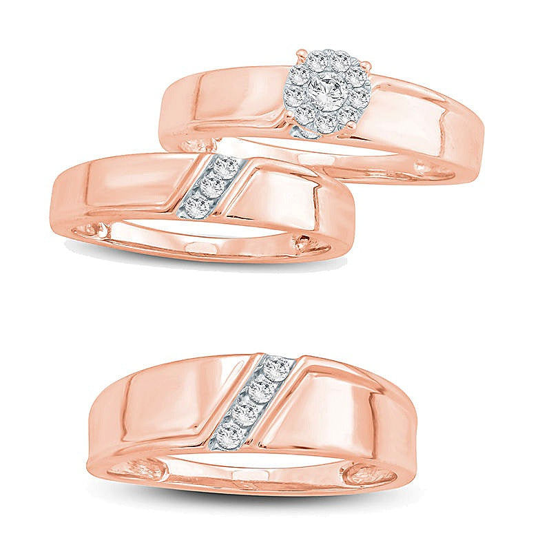 0.05 CT. TW Diamond Three Stone Slant Wedding Band in 10K Rose Gold