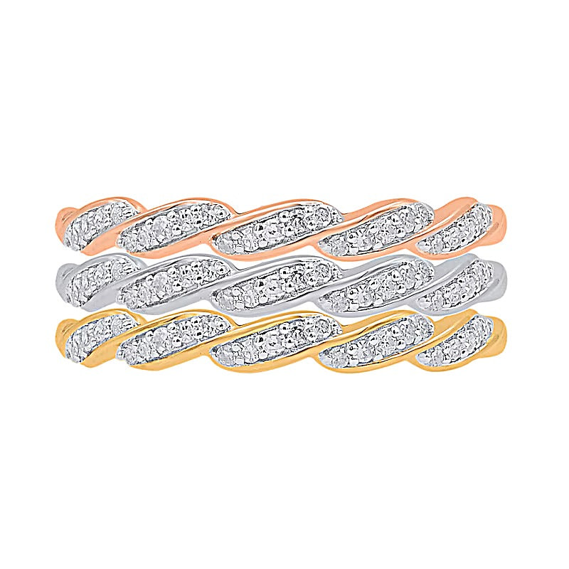 0.33 CT. TW Diamond Cascading Twist Three Piece Stackable Ring Set in Sterling Silver and Two-Tone Rhodium