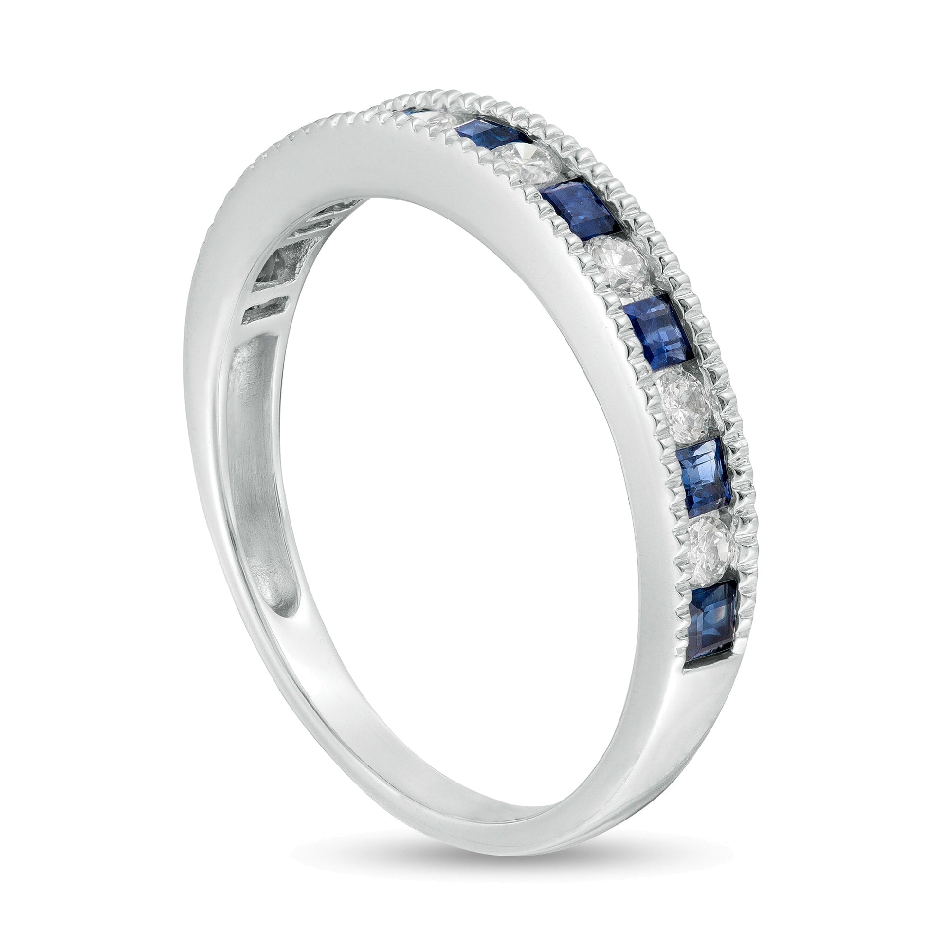 Princess-Cut Blue Sapphire and 0.2 CT. TW Diamond Milgrain Border Alternating Geometric Band in 14K White Gold