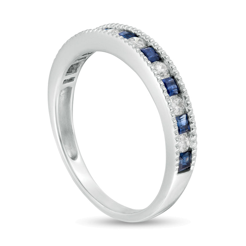Princess-Cut Blue Sapphire and 0.2 CT. TW Diamond Milgrain Border Alternating Geometric Band in 14K White Gold
