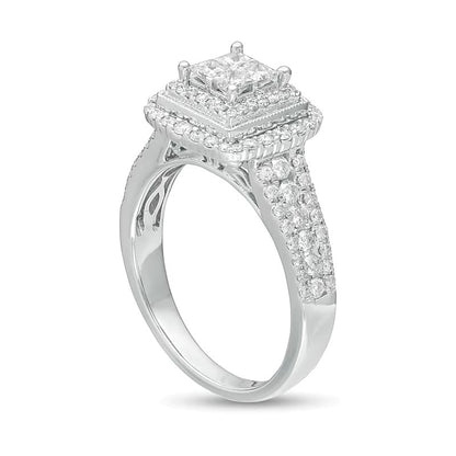 1.0 CT. TW Princess-Cut Quad Diamond Square Frame Engagement Ring in 14K White Gold