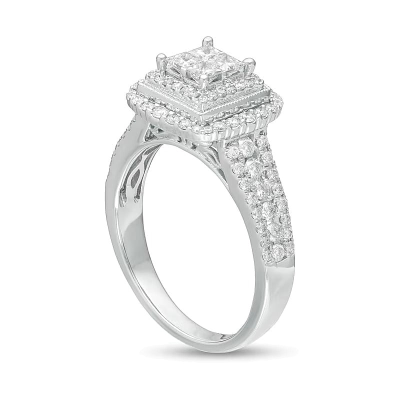 1.0 CT. TW Princess-Cut Quad Diamond Square Frame Engagement Ring in 14K White Gold