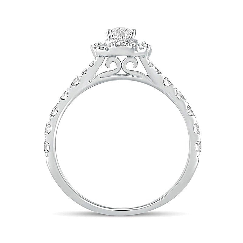 1.0 CT. TW Oval Diamond Scallop Frame Vintage-Style Engagement Ring in 14K White Gold