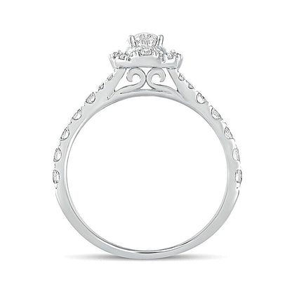 1.0 CT. TW Oval Diamond Scallop Frame Vintage-Style Engagement Ring in 14K White Gold