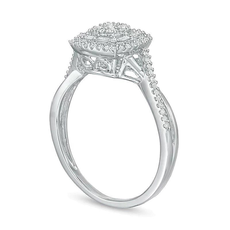 0.33 CT. TW Multi-Diamond Cushion Frame Crossover Shank Ring in 10K White Gold