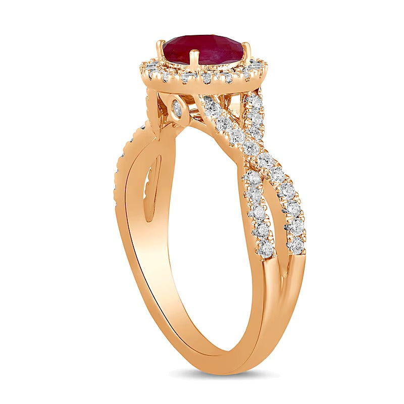 6.0mm Ruby and 0.5 CT. TW Lab-Grown Diamond Frame Crossover Shank Ring in 14K Rose Gold