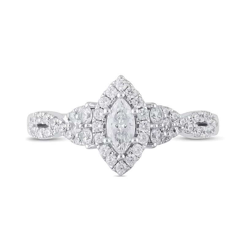 0.75 CT. TW Marquise Diamond Frame Tri-Sides Twist Shank Engagement Ring in 14K White Gold