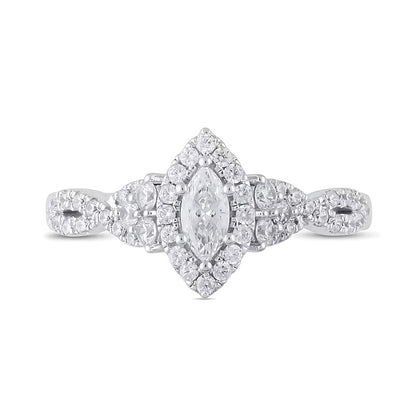 0.75 CT. TW Marquise Diamond Frame Tri-Sides Twist Shank Engagement Ring in 14K White Gold