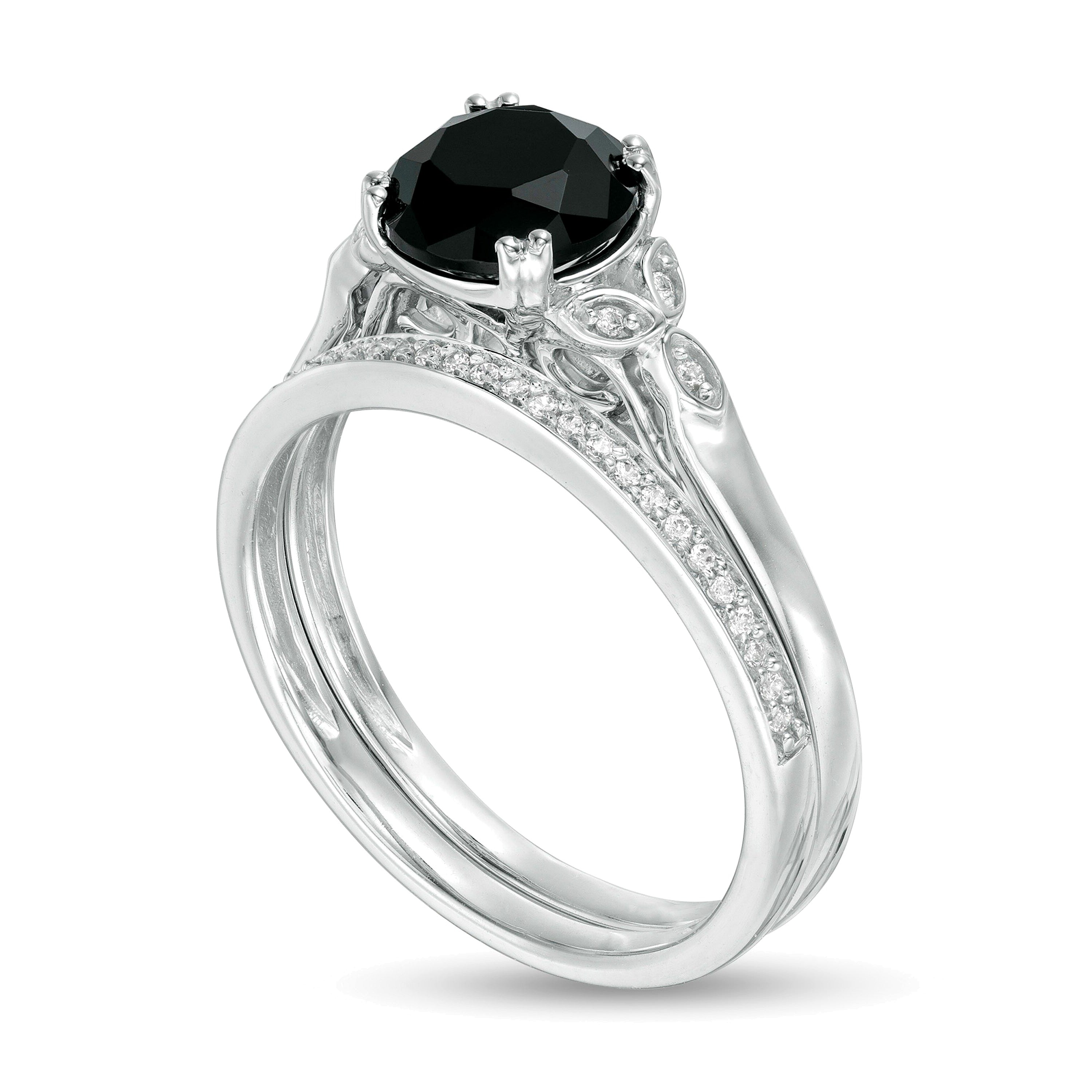 8.0mm Black Sapphire and 0.1 CT. TW Diamond Leaf Sides Bridal Set in 10K White Gold