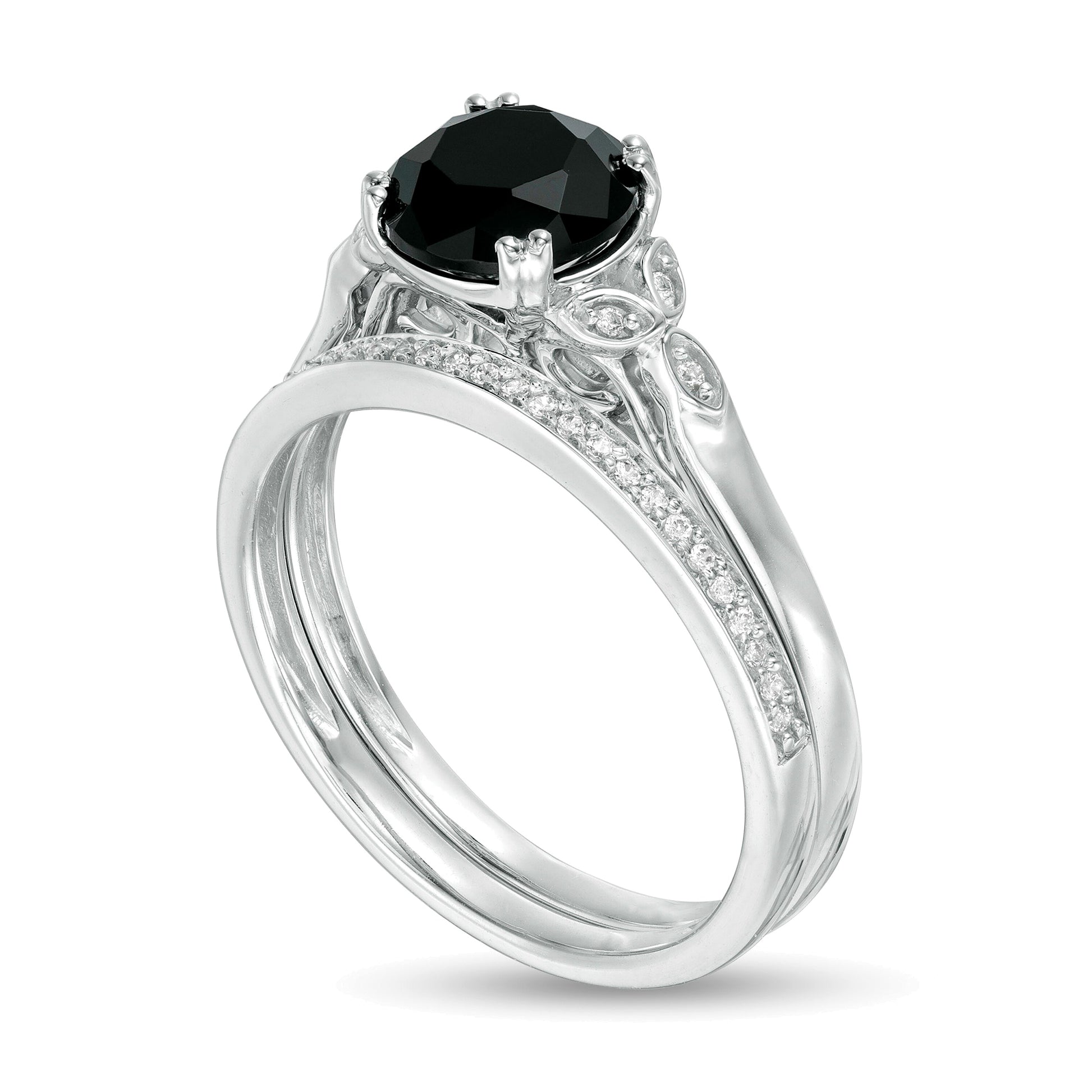8.0mm Black Sapphire and 0.1 CT. TW Diamond Leaf Sides Bridal Set in 10K White Gold