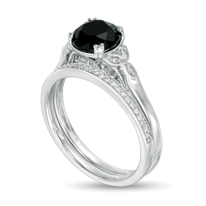 8.0mm Black Sapphire and 0.1 CT. TW Diamond Leaf Sides Bridal Set in 10K White Gold