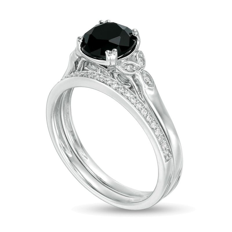 8.0mm Black Sapphire and 0.1 CT. TW Diamond Leaf Sides Bridal Set in 10K White Gold