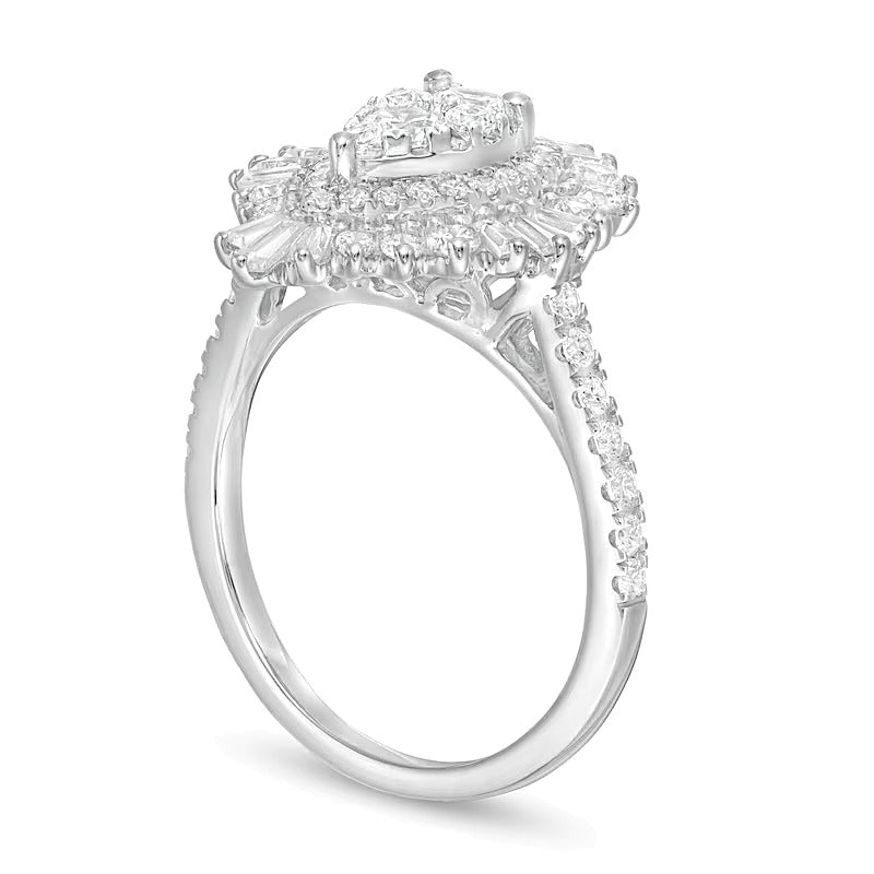 1.5 CT. TW Composite Diamond Teardrop Starburst Frame Ring in 14K White Gold