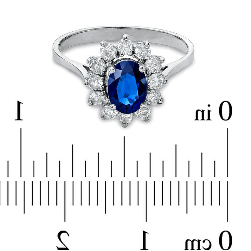 Oval Blue Sapphire and 0.5 CT. TW Diamond Frame Engagement Ring in 14K White Gold