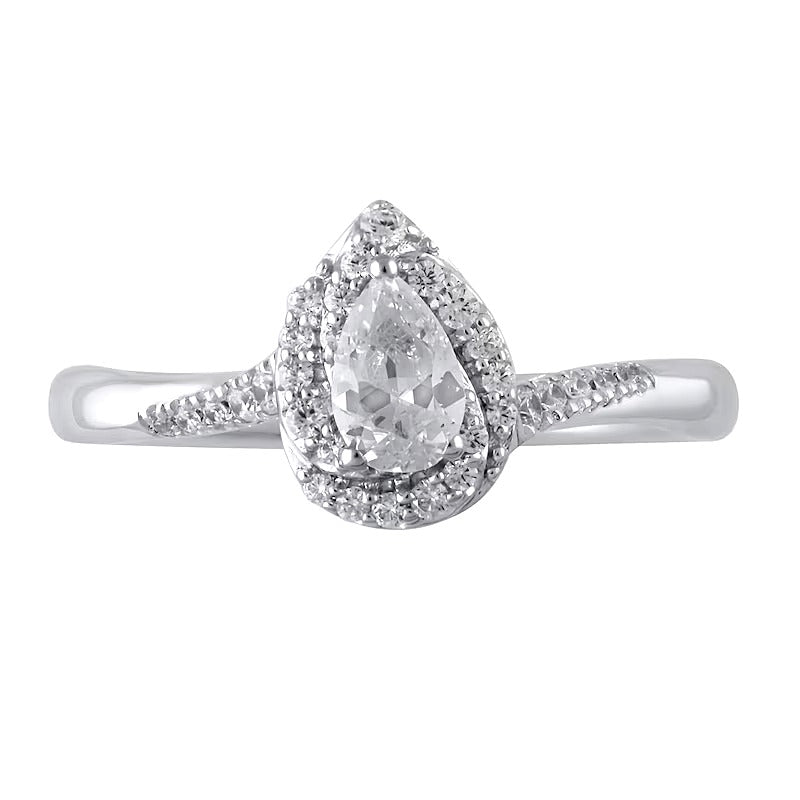 0.5 CT. TW Pear-Shaped Diamond Swirl Frame Engagement Ring in 10K White Gold