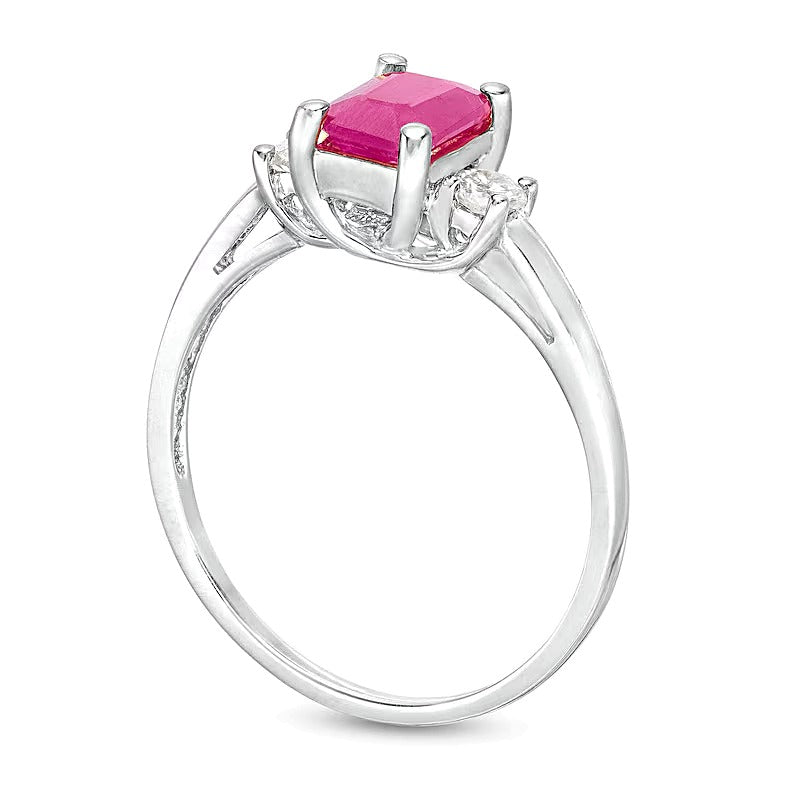 Emerald-Cut Ruby and 0.2 CT. TW Diamond Three Stone Ring in 14K White Gold