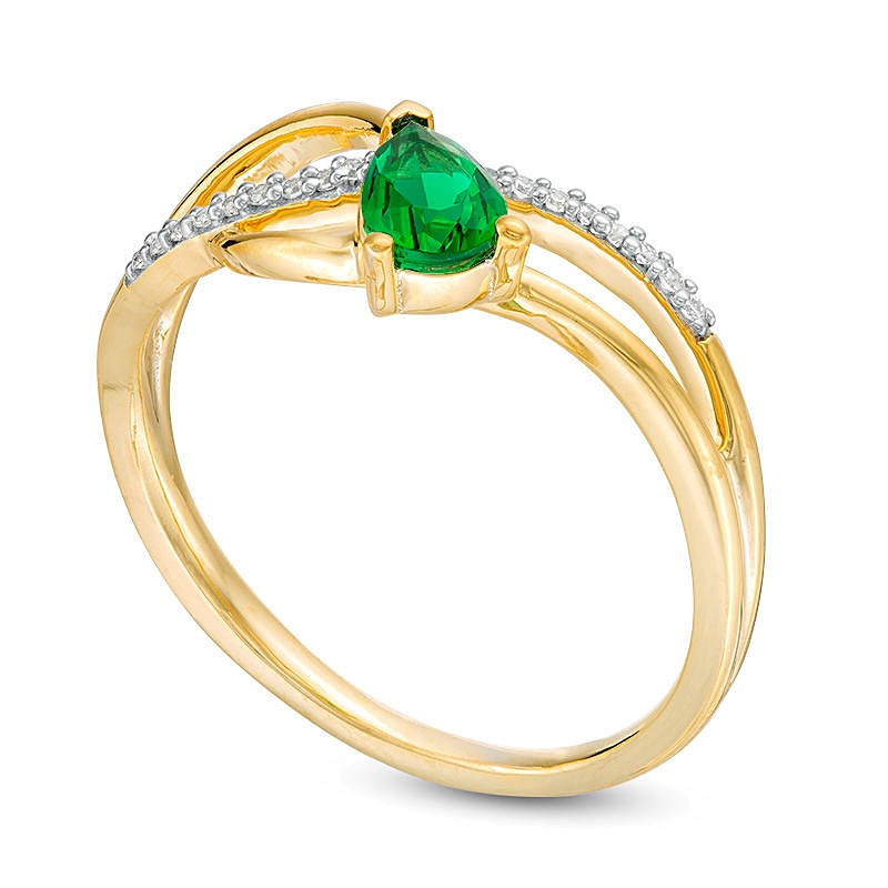 Pear-Shaped Lab-Created Emerald and 0.05 CT. TW Diamond Wave Ribbon Split Shank Promise Ring in 10K Gold