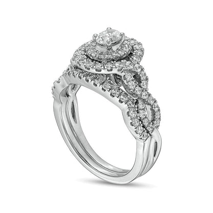 1.0 CT. TW Oval Diamond Double Frame Twist Shank Bridal Set in 14K White Gold