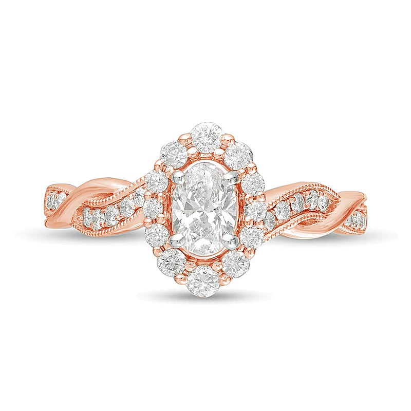 0.75 CT. TW Oval Diamond Frame Twist Shank Vintage-Style Engagement Ring in 10K Rose Gold