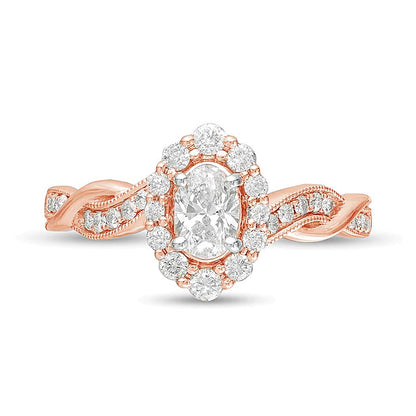 0.75 CT. TW Oval Diamond Frame Twist Shank Vintage-Style Engagement Ring in 10K Rose Gold