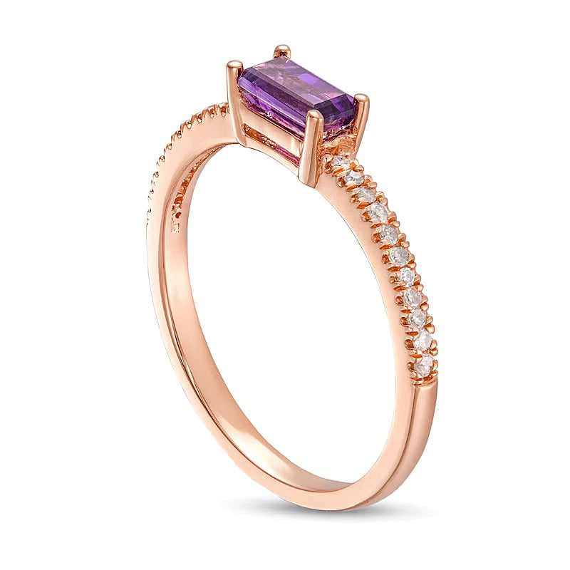 Sideways Baguette Amethyst and 0.1 CT. TW Diamond PavÃ© Ring in 10K Rose Gold