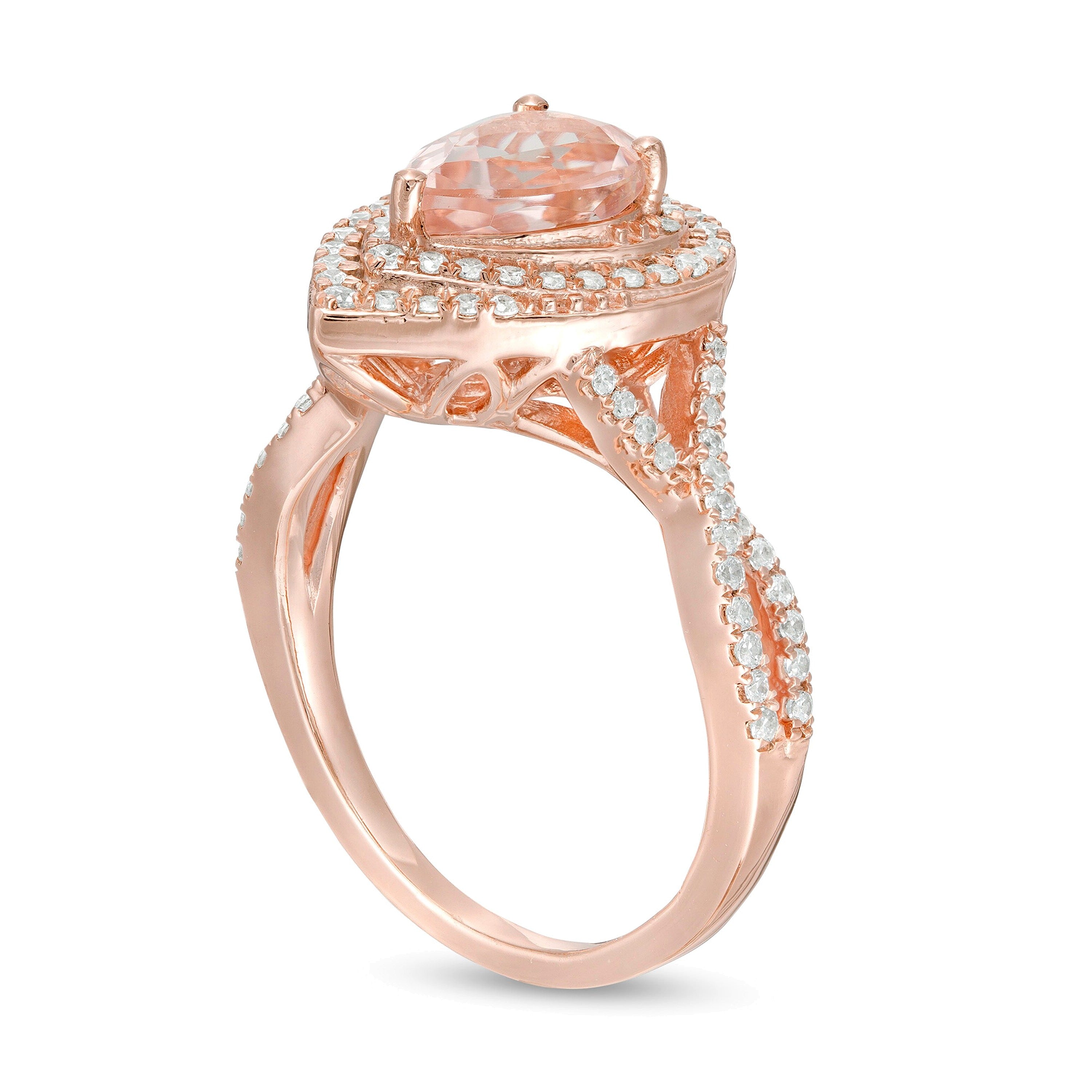 Pear-Shaped Morganite and 0.5 CT. TW Diamond Cascade Frame Crossover Shank Ring in 10K Rose Gold