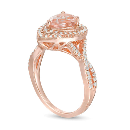Pear-Shaped Morganite and 0.5 CT. TW Diamond Cascade Frame Crossover Shank Ring in 10K Rose Gold