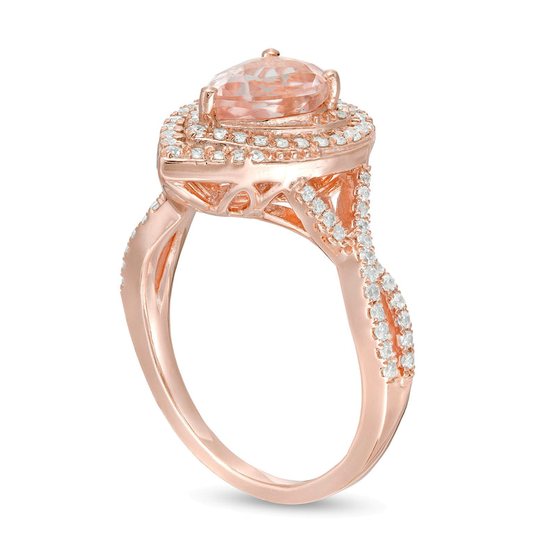 Pear-Shaped Morganite and 0.5 CT. TW Diamond Cascade Frame Crossover Shank Ring in 10K Rose Gold