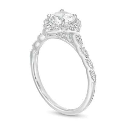 6.0mm Lab-Created White Sapphire and 0.13 CT. TW Diamond Frame Flower Ring in 10K White Gold