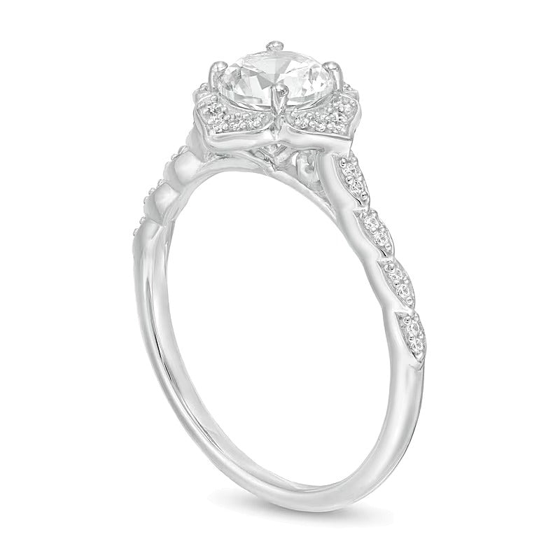 6.0mm Lab-Created White Sapphire and 0.13 CT. TW Diamond Frame Flower Ring in 10K White Gold