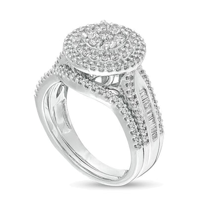 1.0 CT. TW Baguette and Round Composite Diamond Frame Multi-Row Bridal Set in 10K White Gold