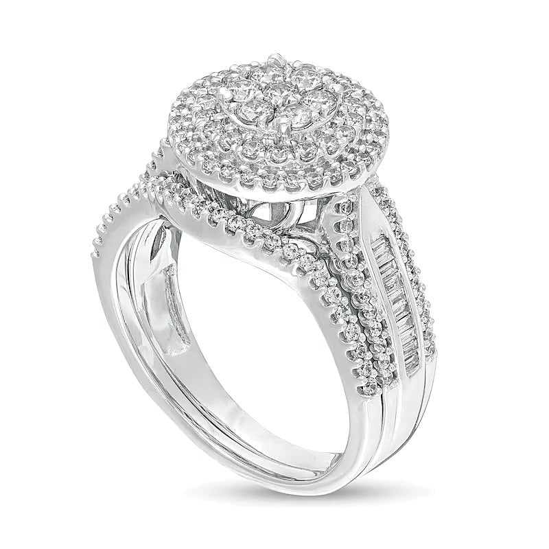 1.0 CT. TW Baguette and Round Composite Diamond Frame Multi-Row Bridal Set in 10K White Gold
