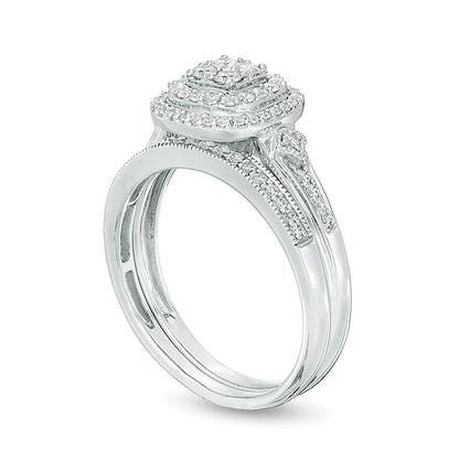 0.5 CT. TW Composite Diamond Double Cushion Frame Vintage-Style Bridal Set in 10K White Gold