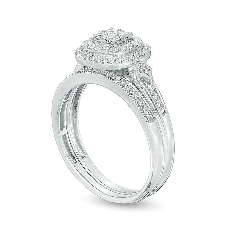 0.5 CT. TW Composite Diamond Double Cushion Frame Vintage-Style Bridal Set in 10K White Gold