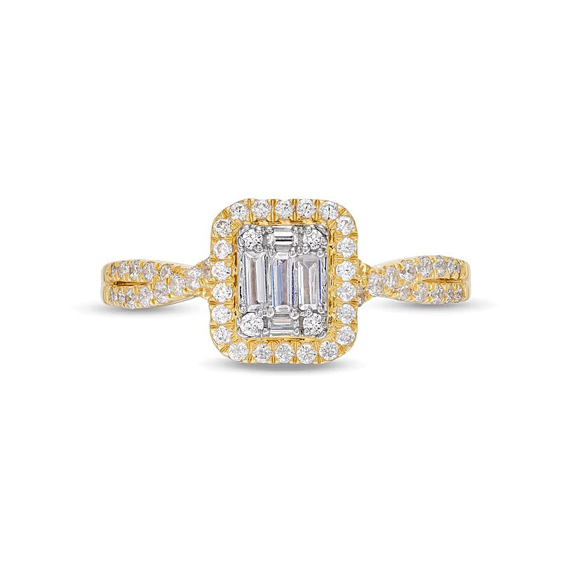 0.5 CT. TW Emerald-Shaped Multi-Diamond Frame Twist Shank Engagement Ring in 10K Gold